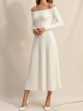 LILYSILK Vivi Silk Knit Dress (White) & FREE Leather Skinny Belt (Brown) - SM